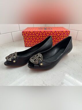 Tory Burch Black Leather Logo Peep Toe Wedges